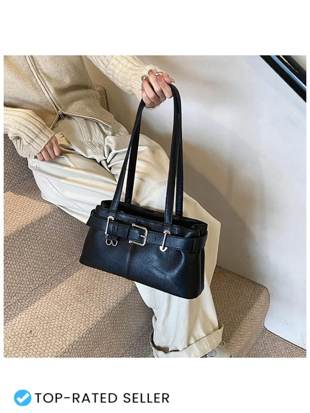 Vintage Y2K Hobo Bag Women PU Leather Belt Buckle Underarm Satchel Shoulder
